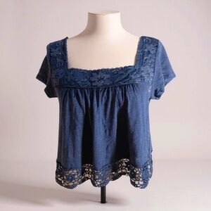 NWT Aeropostale Blue Short Cropped Top Embellished Blouse Sz Medium 100% Cotton